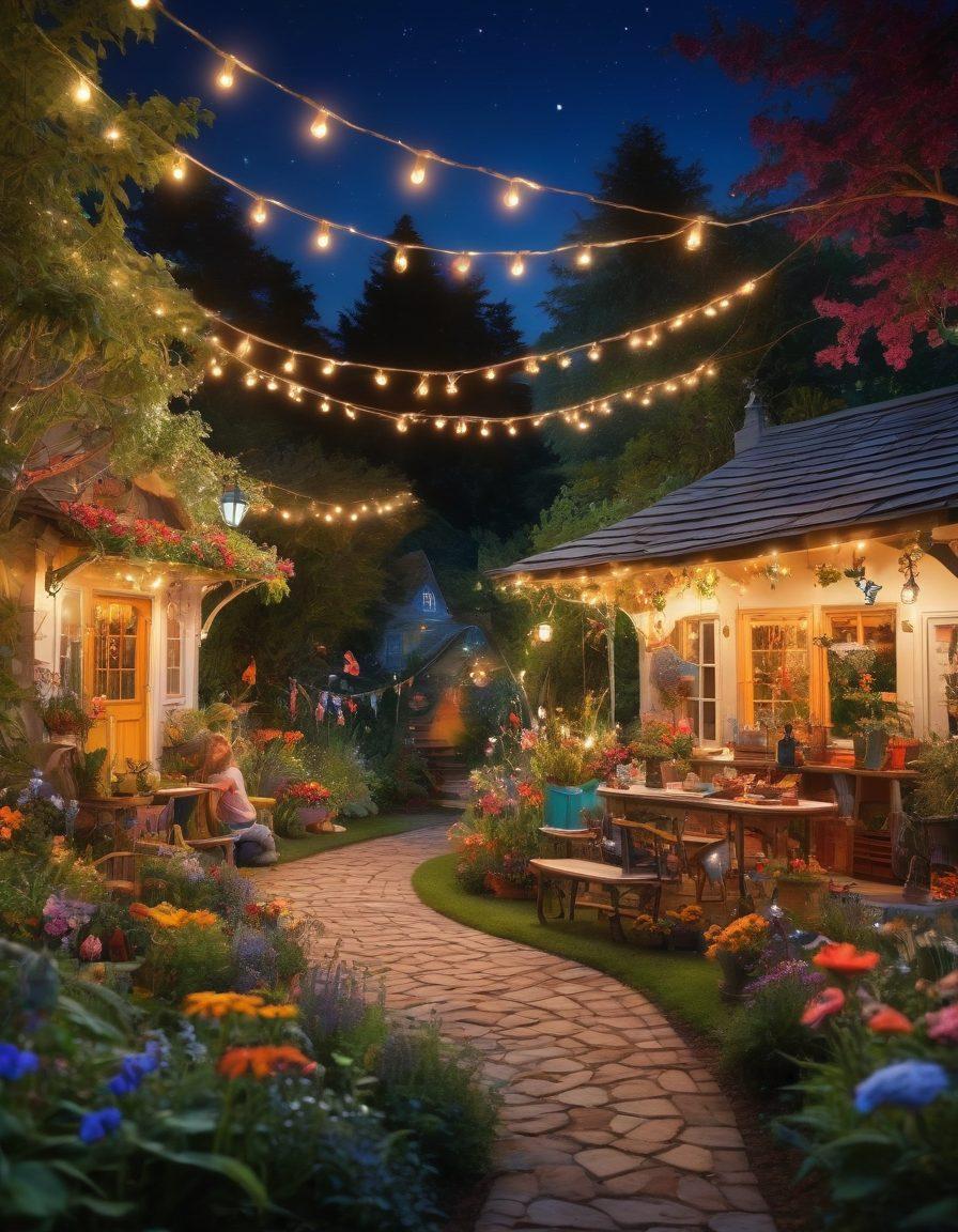 A whimsical scene featuring diverse individuals engaging in various hobbies, like painting, gardening, dancing, and playing music, filled with vibrant colors and joyful expressions. An enchanting garden in the background, decorated with fairy lights, butterflies, and playful pets, to symbolize exploration and creativity. The image conveys a sense of freedom and playfulness, inviting viewers to embrace their own interests. super-realistic. vibrant colors. whimsical style.