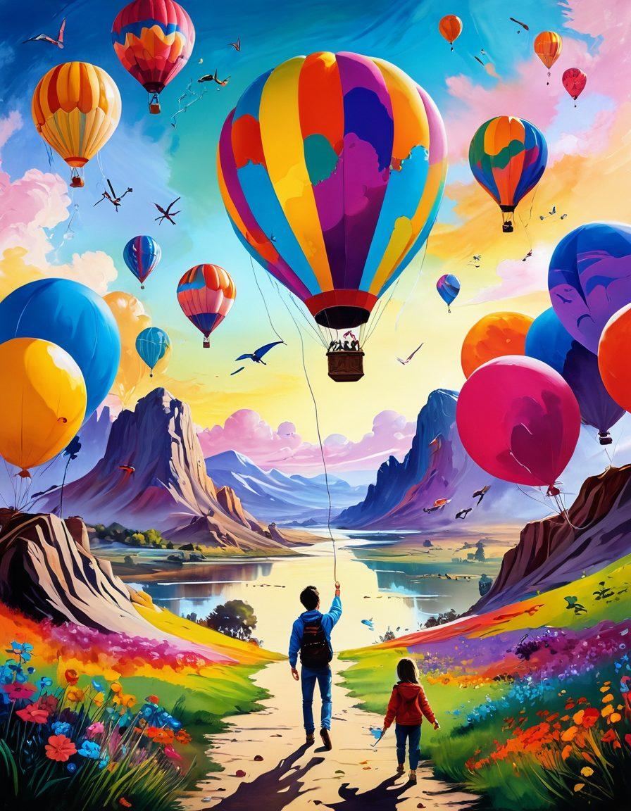 A whimsical scene featuring a casual artist painting in a vibrant, colorful landscape filled with fantastical creatures and playful elements like balloons and kites. The artist, with a joyful expression, is surrounded by splashes of paint, brush strokes, and an imaginative palette showcasing a variety of colors. The setting should evoke a sense of adventure and creativity, inviting the viewer to explore their own playful side. surrealism. vibrant colors. dreamy atmosphere.