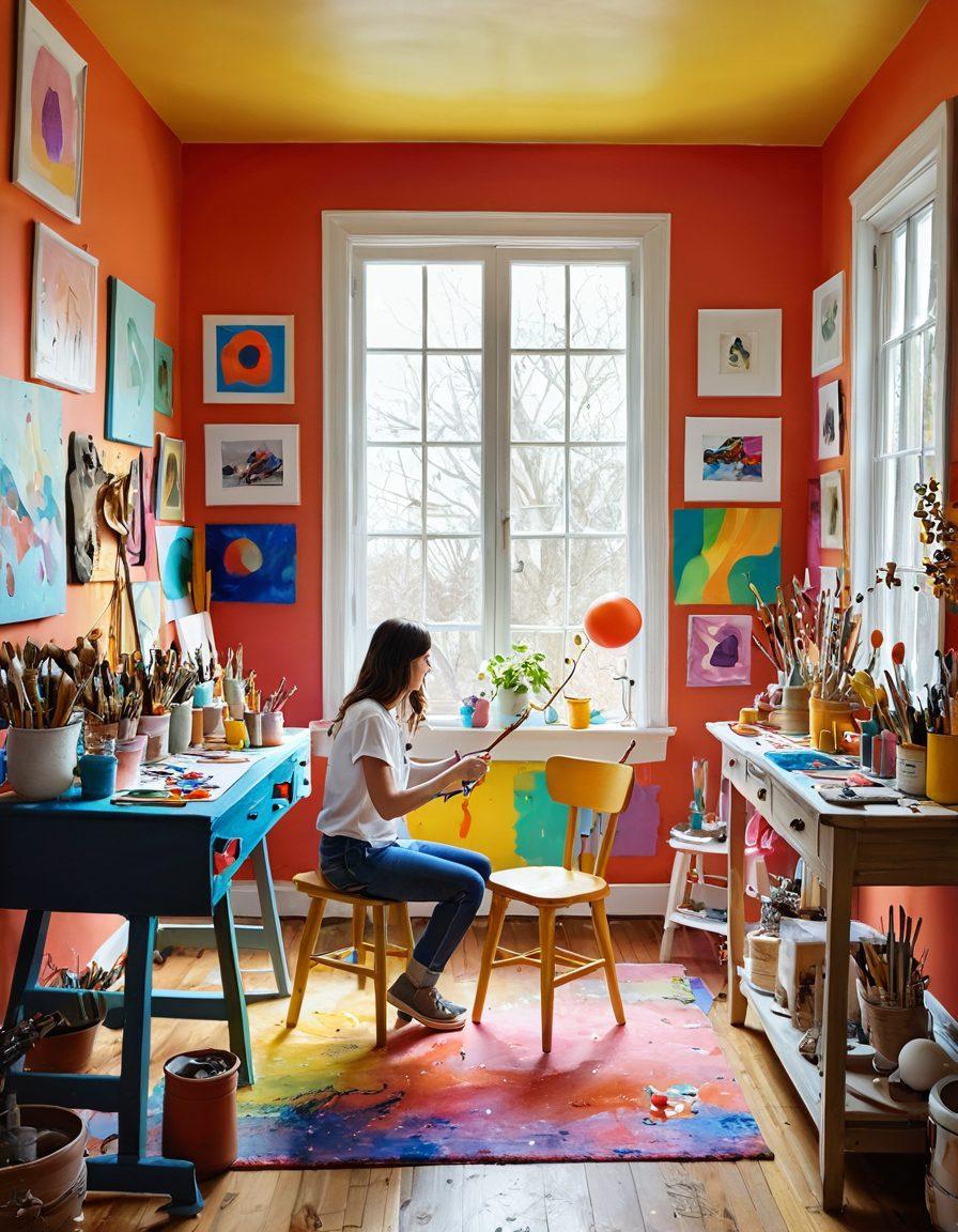 A whimsical artist's studio filled with colorful paints, brushes, and half-finished canvases, symbolizing creativity and experimentation. Bright splashes of color on the walls and whimsical, playful sculptures scattered throughout. An open window revealing a sunny day, inviting inspiration and joy into the space. A joyful figure engaged in painting, embodying the spirit of experimentation and playful living. vibrant colors. 3D. artistic style.